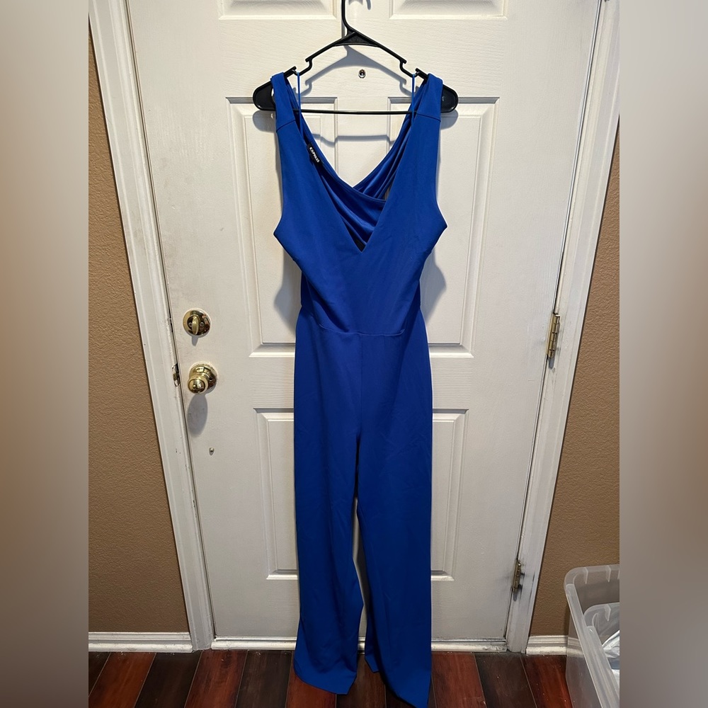Express blue wide leg jumpsuit with open cross back